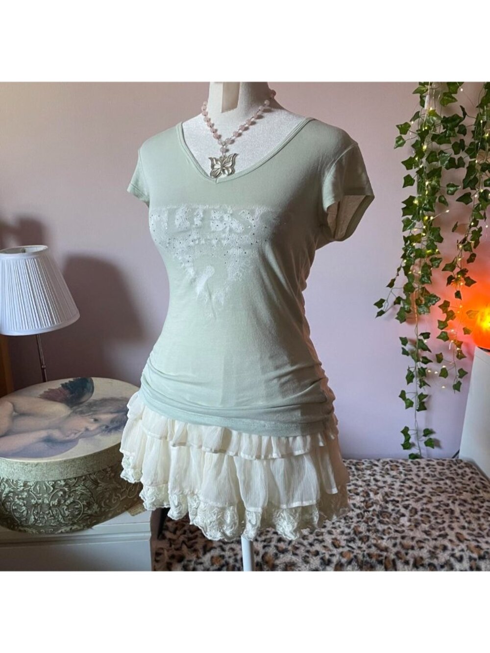 Green Guess tee with rhinestone details